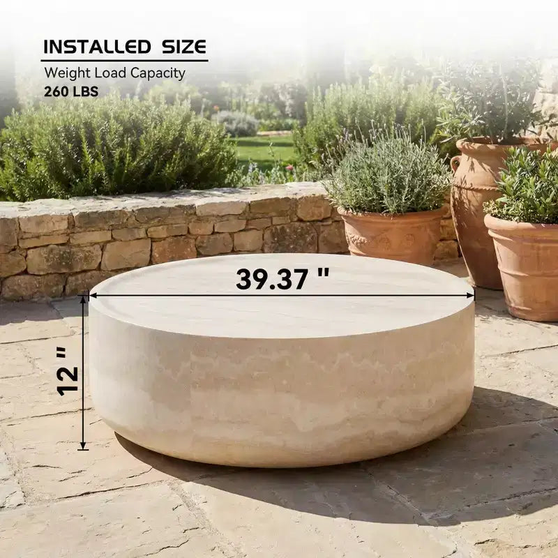 Tavolino da salotto rotondo da 100 cm con texture finto travertino, stile moderno, con motivo finto marmo (nessun assemblaggio richiesto)