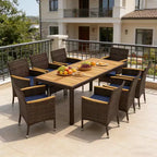 Gymax 9PC Outdoor Dining Set with Acacia Wood Tabletop and PE Rattan Chairs for 8 Includes Umbrella Hole for Patio Garden Deck