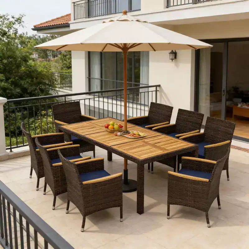 Gymax 9PC Outdoor Dining Set with Acacia Wood Tabletop and PE Rattan Chairs for 8 Includes Umbrella Hole for Patio Garden Deck