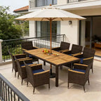 Gymax 9PC Outdoor Dining Set with Acacia Wood Tabletop and PE Rattan Chairs for 8 Includes Umbrella Hole for Patio Garden Deck