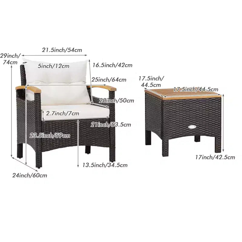 Gymax Ensemble bistro d'extérieur 3 pièces avec accoudoirs, table en bois d'acacia et coussin blanc pour jardin et arrière-cour
