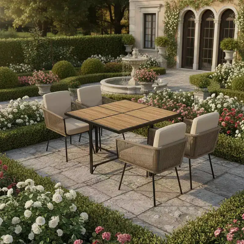 Gymax 5PC Outdoor Patio Dining Set w/ Rectangular Acacia Wood Table & Cushioned Chairs for Backyard and Garden