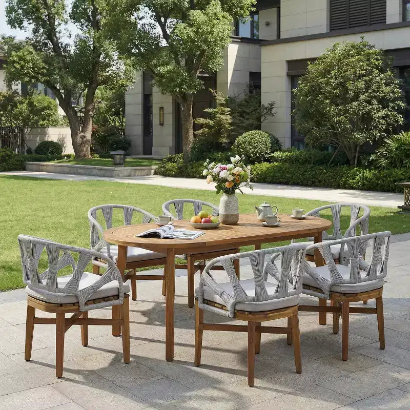Christopher Knight Home Cascade 7 Piece Boho Outdoor Acacia Wood Wicker Dining Set with Outdoor Oval Slatted Table