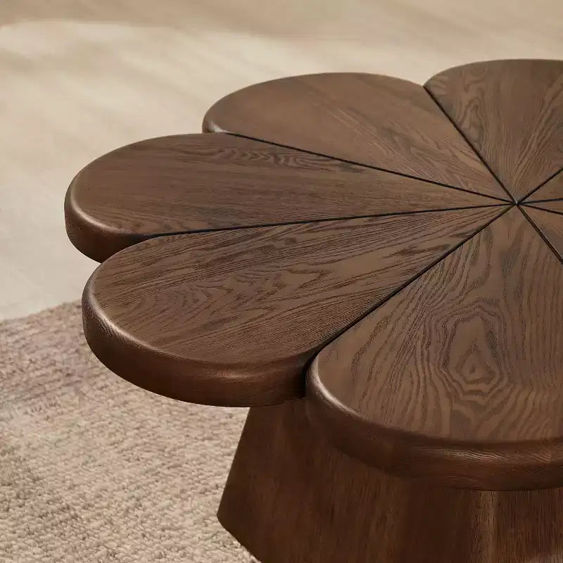 Tavolino Moderno da Caffè, Tavolo Centrale a Cerchio a Forma di Petalo con Base in Legno di Gomma per Soggiorno