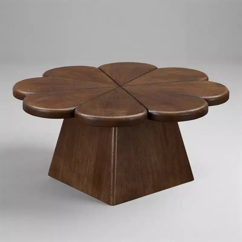 Tavolino Moderno da Caffè, Tavolo Centrale a Cerchio a Forma di Petalo con Base in Legno di Gomma per Soggiorno