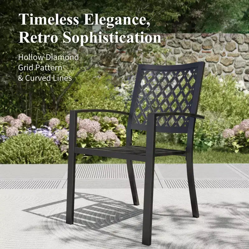 Captiva Designs 8pc Outdoor Slat-top Rectangle Steel Dining Table & Metal Stackable Chairs & 13ft Blue Umbrella