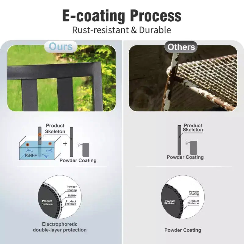 Captiva Designs 8pc Outdoor Slat-top Rectangle Steel Dining Table & Metal Stackable Chairs & 13ft Blue Umbrella