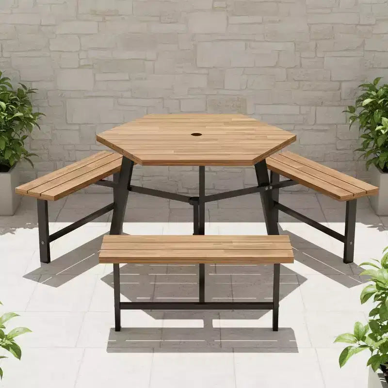 Gymax 6-Person Acacia Wood Picnic Table Set with 3 Benches Umbrella Hole Adjustable Non-Slip Feet for Outdoor Use