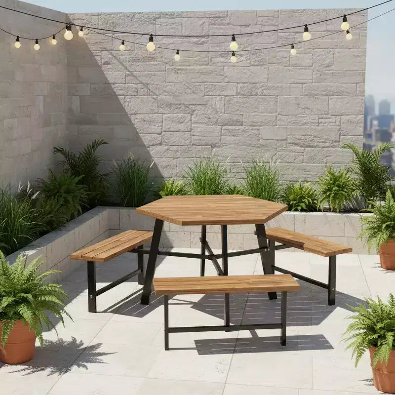 Gymax 6-Person Acacia Wood Picnic Table Set with 3 Benches Umbrella Hole Adjustable Non-Slip Feet for Outdoor Use