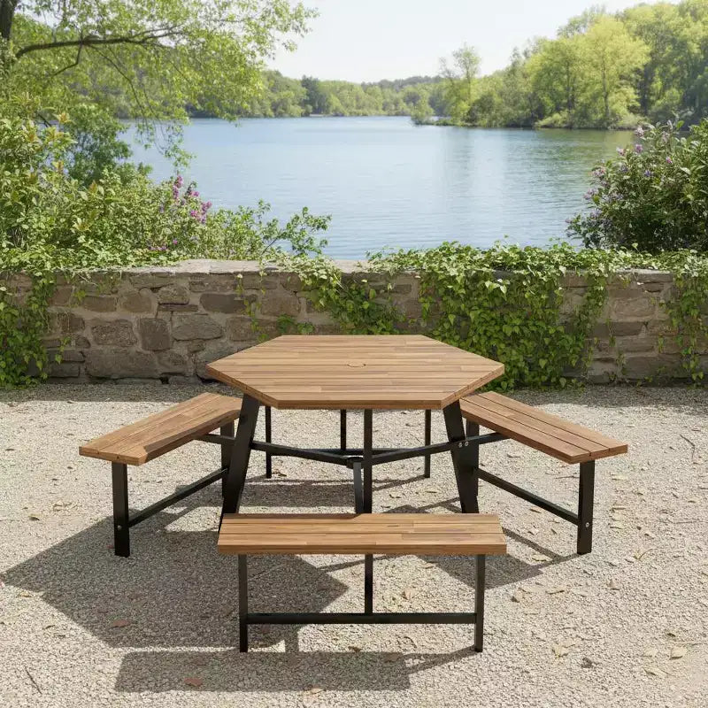 Gymax 6-Person Acacia Wood Picnic Table Set with 3 Benches Umbrella Hole Adjustable Non-Slip Feet for Outdoor Use