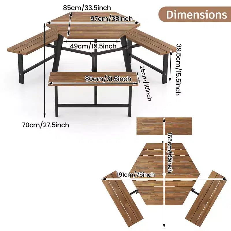 Gymax 6-Person Acacia Wood Picnic Table Set with 3 Benches Umbrella Hole Adjustable Non-Slip Feet for Outdoor Use