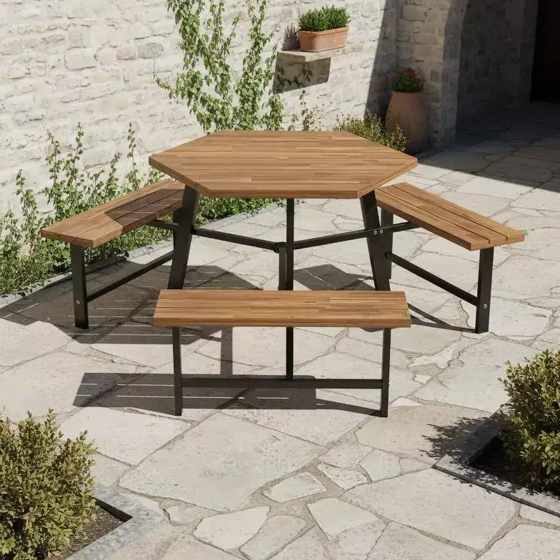 Gymax 6-Person Acacia Wood Picnic Table Set with 3 Benches Umbrella Hole Adjustable Non-Slip Feet for Outdoor Use