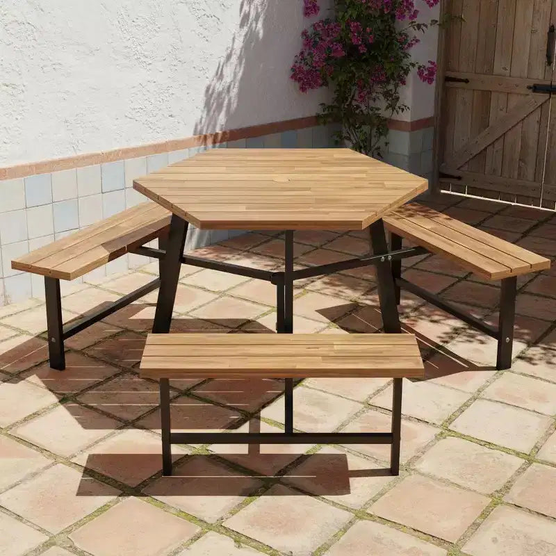 Gymax 6-Person Acacia Wood Picnic Table Set with 3 Benches Umbrella Hole Adjustable Non-Slip Feet for Outdoor Use