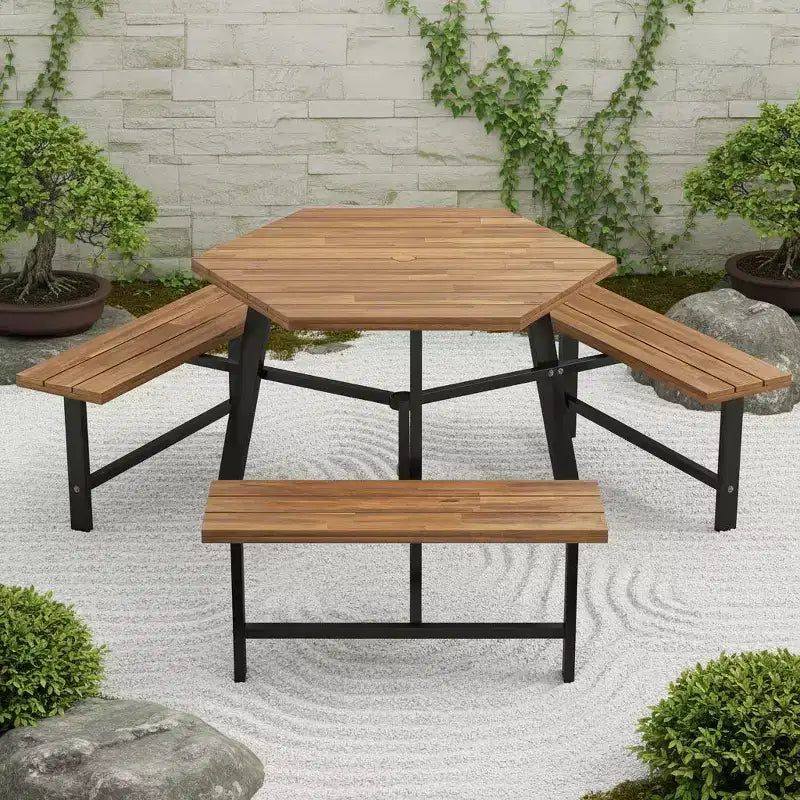 Gymax 6-Person Acacia Wood Picnic Table Set with 3 Benches Umbrella Hole Adjustable Non-Slip Feet for Outdoor Use