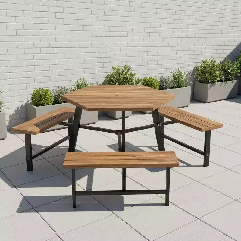 Gymax 6-Person Acacia Wood Picnic Table Set with 3 Benches Umbrella Hole Adjustable Non-Slip Feet for Outdoor Use