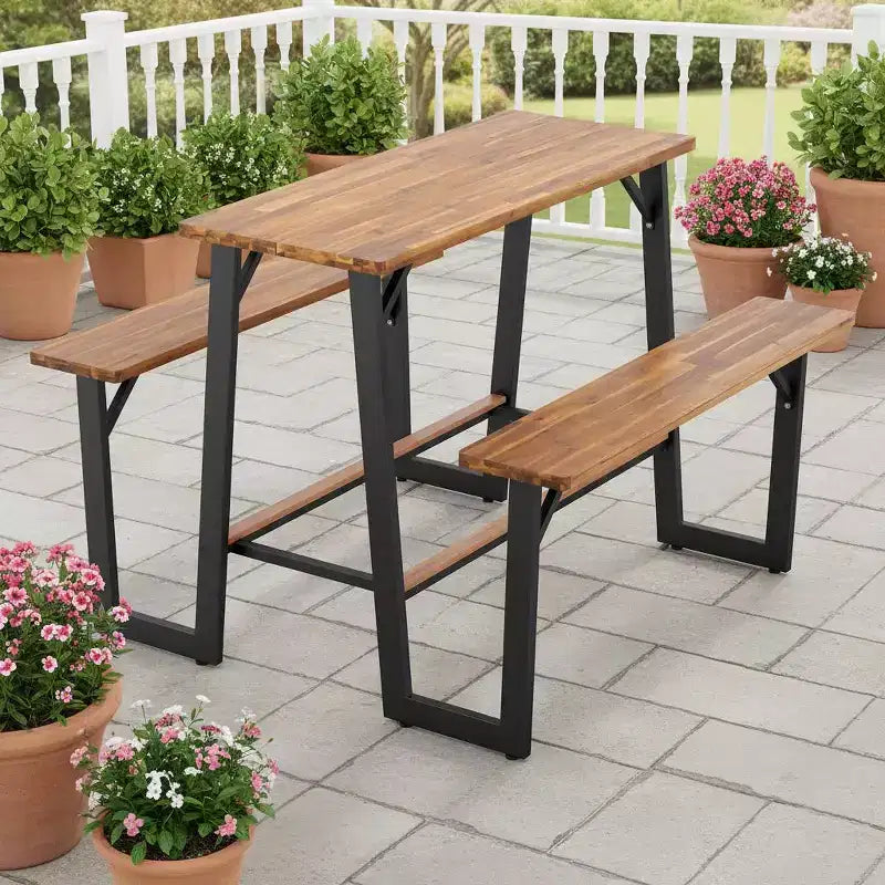 Gymax Acacia Wood Patio Picnic Table Bench Set w/ Built-in Footrests Adjustable Feet for Comfortable Outdoor Dining
