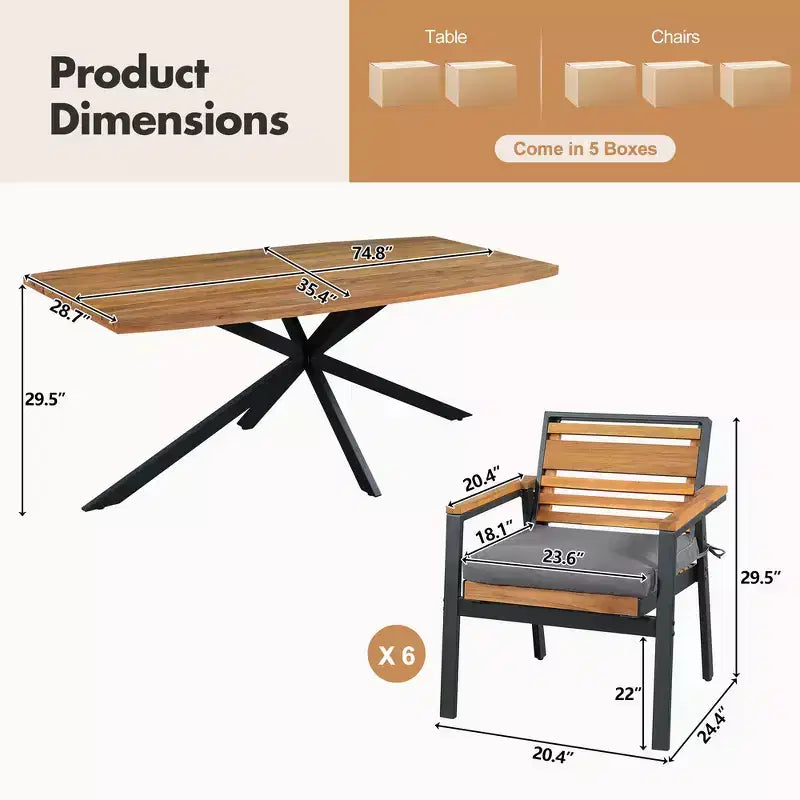 Whisen 7-Piece Outdoor Dining Set for 6, Patio Table And Chairs Set, Garden Dining Seating Set, 1 Rectangle Dining Table & 6 Chairs with Cushions
