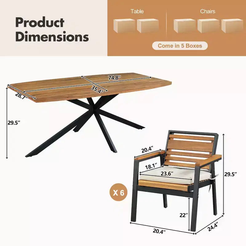 Whisen 7-Piece Outdoor Dining Set for 6, Patio Table And Chairs Set, Garden Dining Seating Set, 1 Rectangle Dining Table & 6 Chairs with Cushions