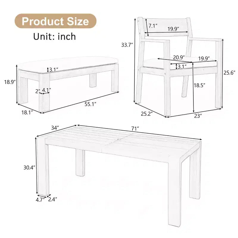 Polibi 6-Seat Acacia Patio Dining Set with Umbrella-Hole Table, Cushioned Bench & 4 Armchairs