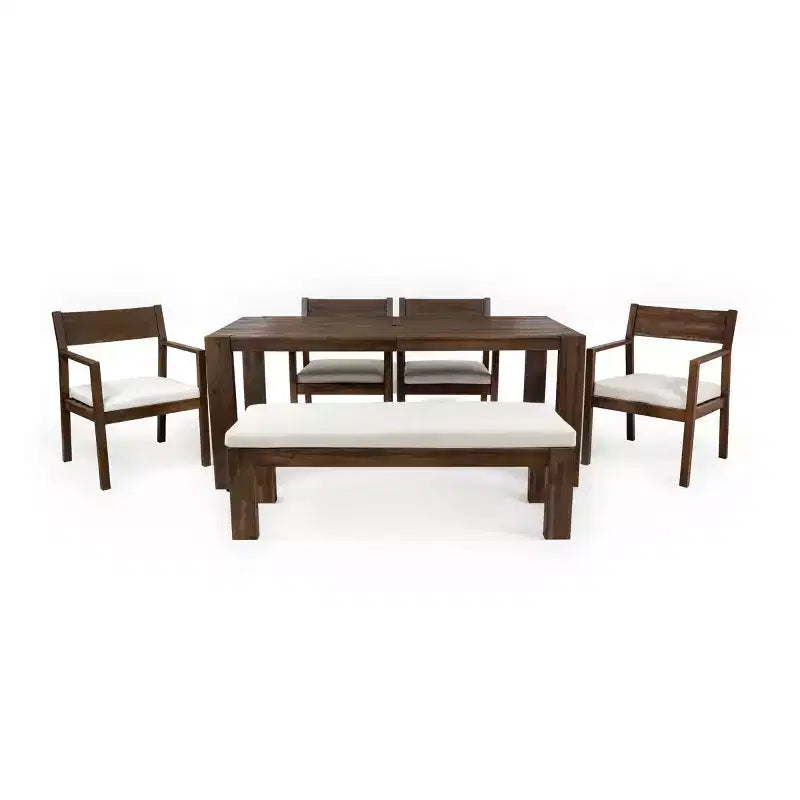 Polibi 6-Seat Acacia Patio Dining Set with Umbrella-Hole Table, Cushioned Bench & 4 Armchairs