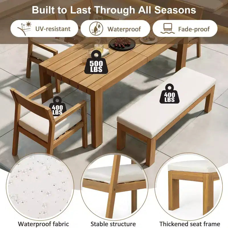 Polibi 6-Seat Acacia Patio Dining Set with Umbrella-Hole Table, Cushioned Bench & 4 Armchairs