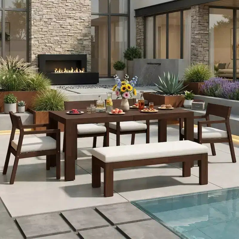 Polibi 6-Seat Acacia Patio Dining Set with Umbrella-Hole Table, Cushioned Bench & 4 Armchairs