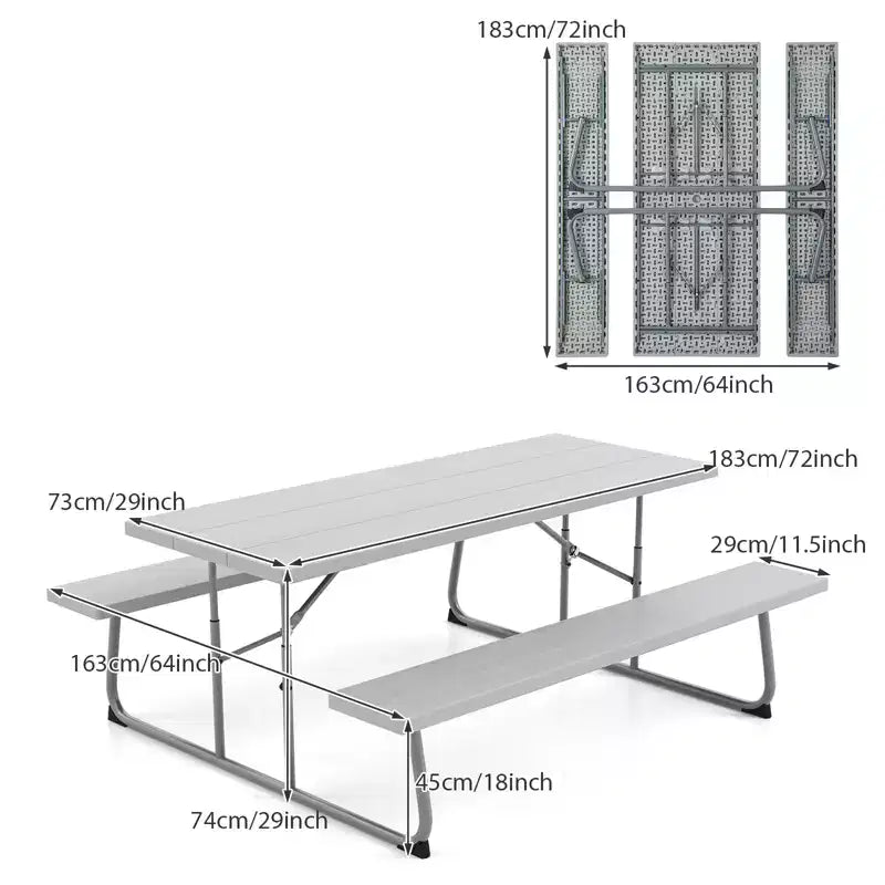 Gymax Folding Picnic Table Set w/ Wood-Like HDPE Tabletop Umbrella Hole 2 Benches Seats Heavy-Duty Metal Frame for Outdoor Black/Gray/Green/White
