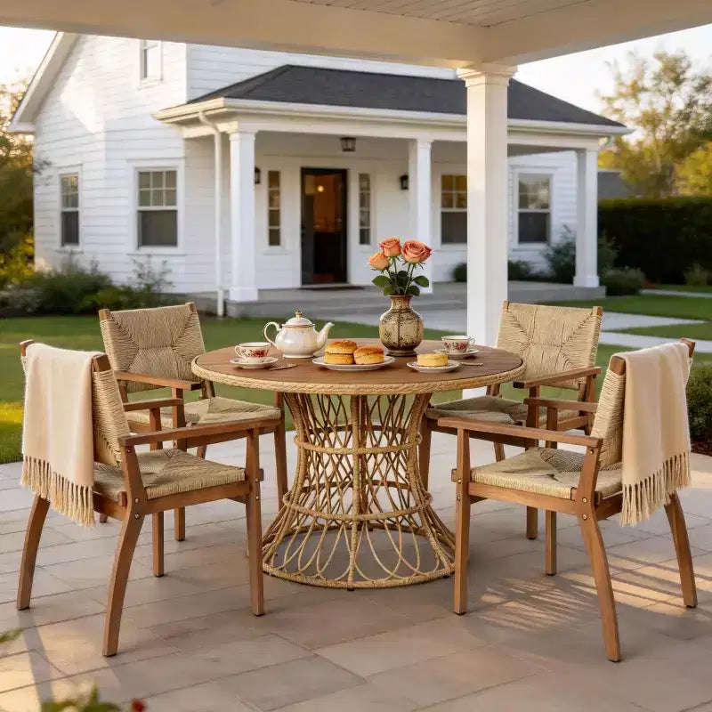 5-Piece Outdoor Patio Dining Set with Round Acacia Wood Table & 4 Woven Armchairs, Modern Garden Dining Furniture for Backyard, Deck-Panipeachy