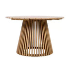Ensemble repas d'extérieur piédestal rond 5 pièces, table en bois d'acacia avec plateau à lattes et 4 chaises à dossier tressé avec coussins pour Patio-Panipeachy