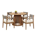 Ensemble repas d'extérieur piédestal rond 5 pièces, table en bois d'acacia avec plateau à lattes et 4 chaises à dossier tressé avec coussins pour Patio-Panipeachy
