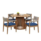 Ensemble repas d'extérieur piédestal rond 5 pièces, table en bois d'acacia avec plateau à lattes et 4 chaises à dossier tressé avec coussins pour Patio-Panipeachy