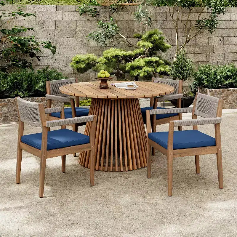 Round Pedestal Outdoor Dining Set, 5-Piece Acacia Wood Table with Slatted Top and 4 Woven Back Chairs with Cushions for Patio-Panipeachy