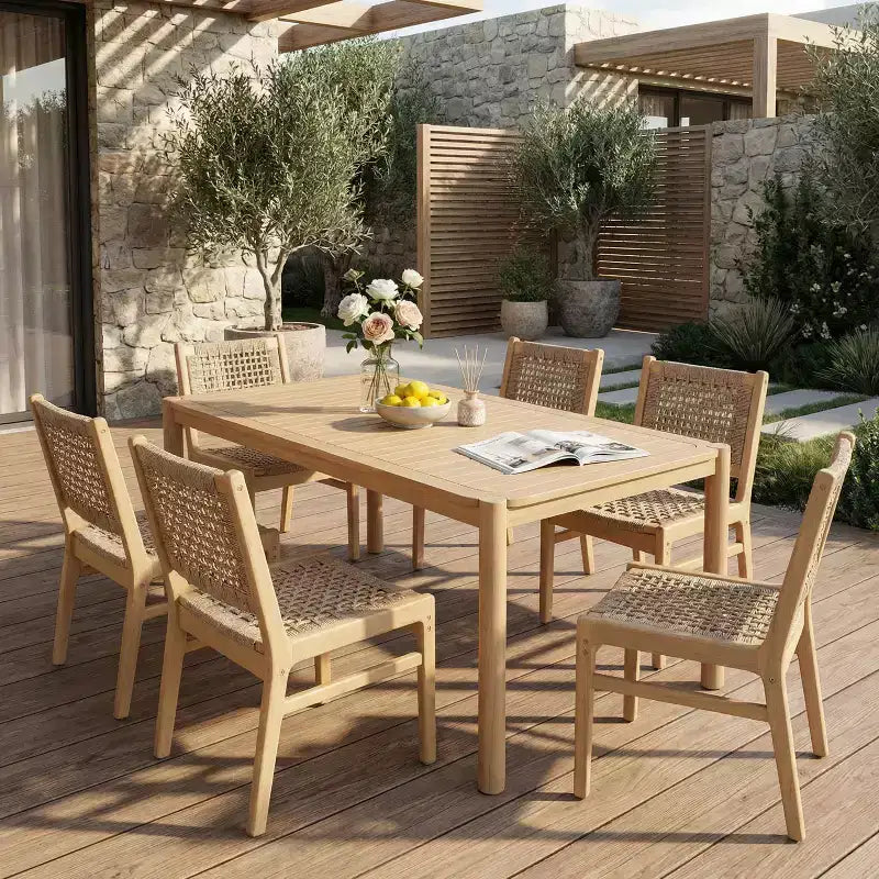 Christopher Knight Home Oksana - Ensemble de salle à manger d'extérieur 7 pièces de style rustique en acacia avec table rectangulaire à lattes et motif en osier