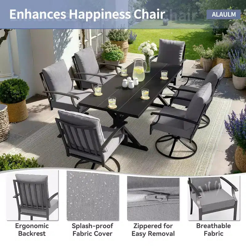 ALAULM 7PCS Patio Dining Set,Outdoor Metal Patio Furniture Set w/6 Swivel Rocking Chairs&Large Metal Table w/Umbrella Cutout for Garden,Backyard