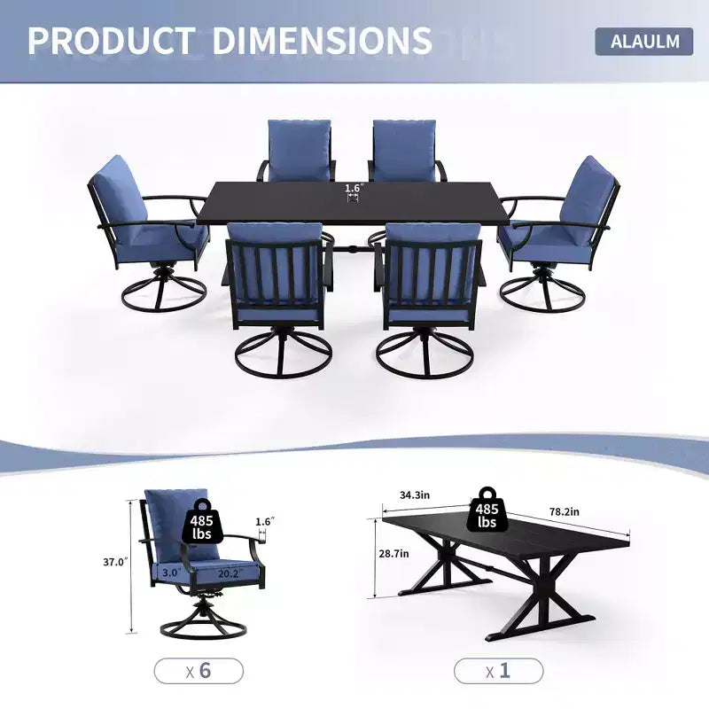 ALAULM 7PCS Patio Dining Set,Outdoor Metal Patio Furniture Set w/6 Swivel Rocking Chairs&Large Metal Table w/Umbrella Cutout for Garden,Backyard