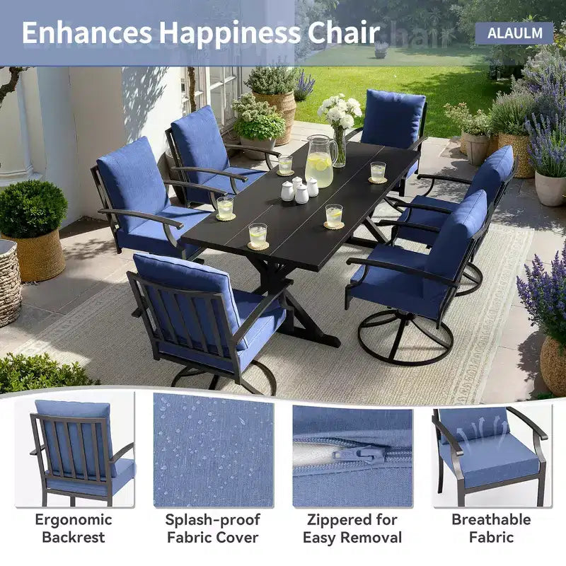 ALAULM 7PCS Patio Dining Set,Outdoor Metal Patio Furniture Set w/6 Swivel Rocking Chairs&Large Metal Table w/Umbrella Cutout for Garden,Backyard