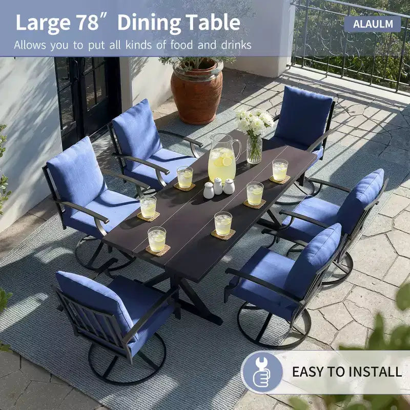 ALAULM 7PCS Patio Dining Set,Outdoor Metal Patio Furniture Set w/6 Swivel Rocking Chairs&Large Metal Table w/Umbrella Cutout for Garden,Backyard