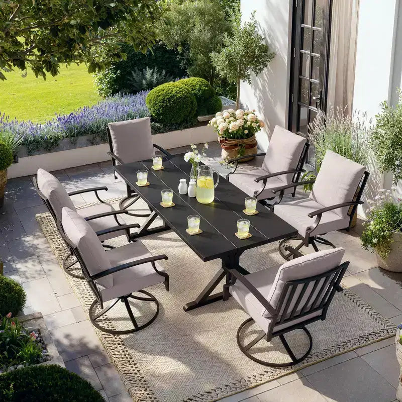 ALAULM 7PCS Patio Dining Set,Outdoor Metal Patio Furniture Set w/6 Swivel Rocking Chairs&Large Metal Table w/Umbrella Cutout for Garden,Backyard
