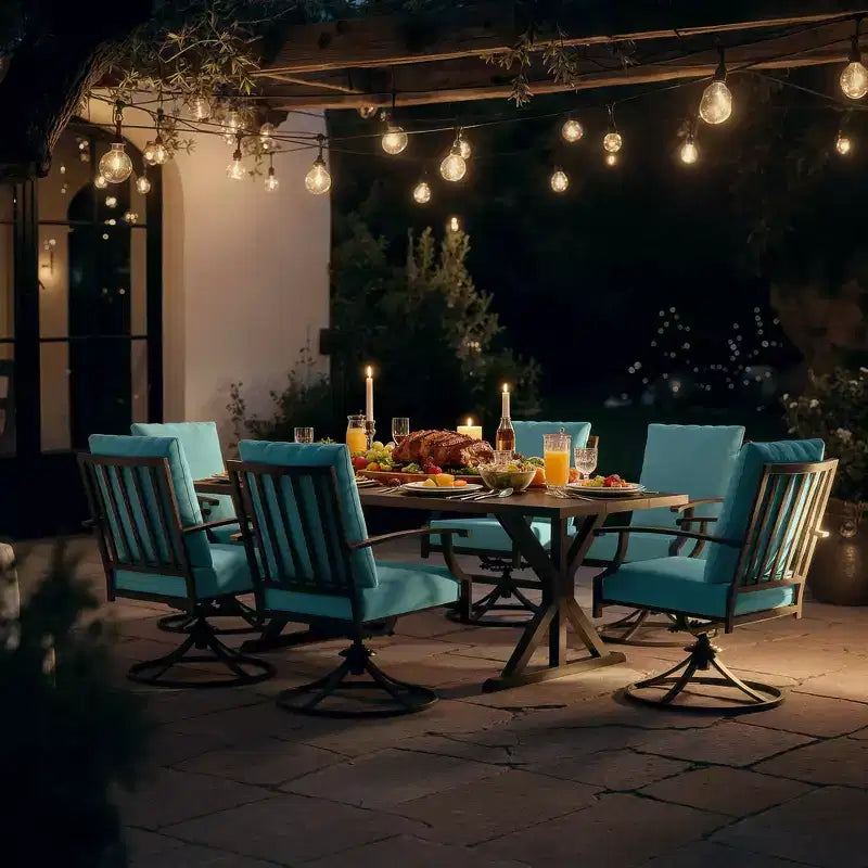 ALAULM 7PCS Patio Dining Set,Outdoor Metal Patio Furniture Set w/6 Swivel Rocking Chairs&Large Metal Table w/Umbrella Cutout for Garden,Backyard