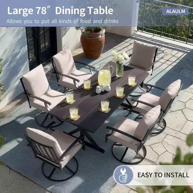 ALAULM 7PCS Patio Dining Set,Outdoor Metal Patio Furniture Set w/6 Swivel Rocking Chairs&Large Metal Table w/Umbrella Cutout for Garden,Backyard