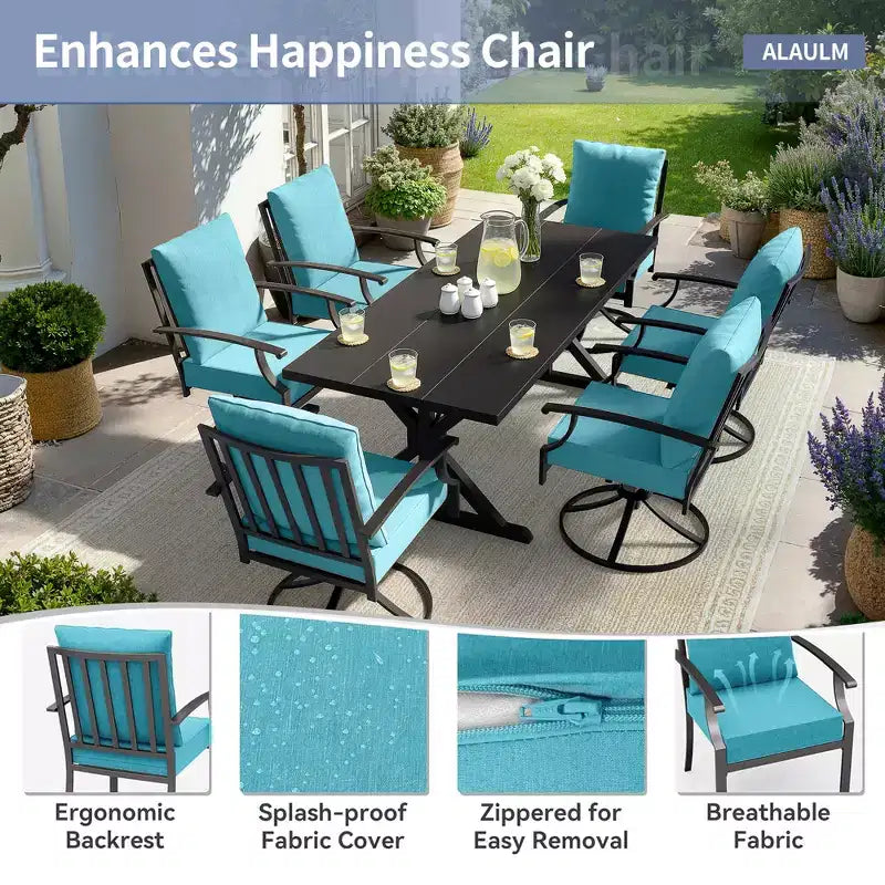 ALAULM 7PCS Patio Dining Set,Outdoor Metal Patio Furniture Set w/6 Swivel Rocking Chairs&Large Metal Table w/Umbrella Cutout for Garden,Backyard