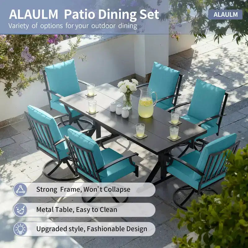 ALAULM 7PCS Patio Dining Set,Outdoor Metal Patio Furniture Set w/6 Swivel Rocking Chairs&Large Metal Table w/Umbrella Cutout for Garden,Backyard
