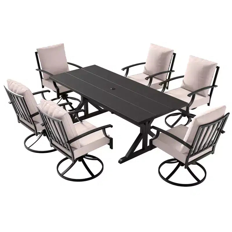 ALAULM 7PCS Patio Dining Set,Outdoor Metal Patio Furniture Set w/6 Swivel Rocking Chairs&Large Metal Table w/Umbrella Cutout for Garden,Backyard