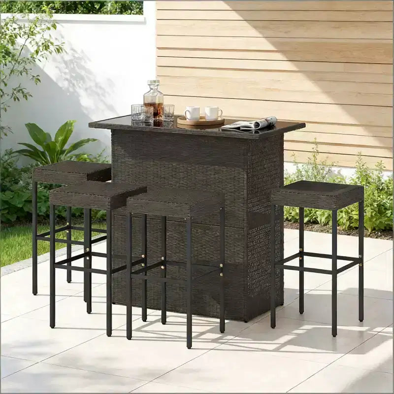 GDFStudio Jana Modern 5 Piece Metal and PE Rattan Outdoor Bar Set with Tempered Glass Tabletop