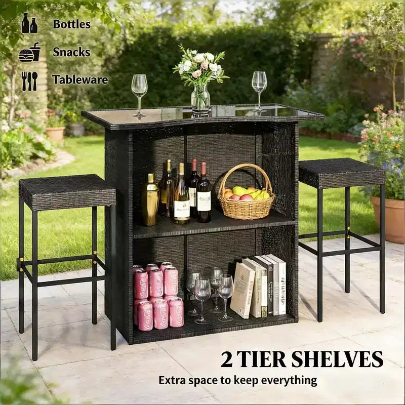 GDFStudio Jana Modern 5 Piece Metal and PE Rattan Outdoor Bar Set with Tempered Glass Tabletop