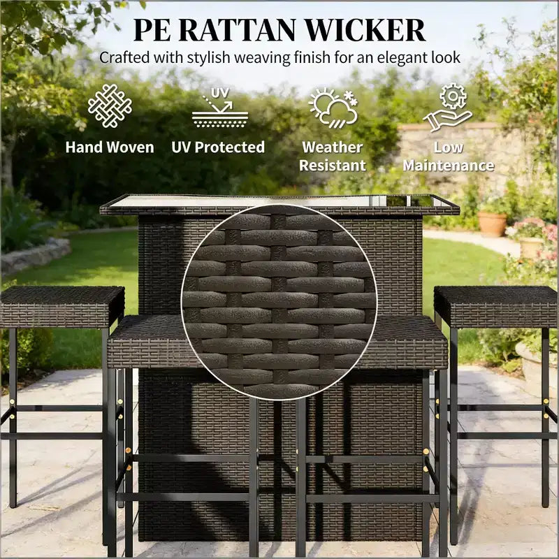 GDFStudio Jana Modern 5 Piece Metal and PE Rattan Outdoor Bar Set with Tempered Glass Tabletop