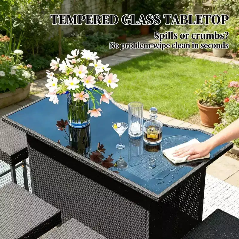 GDFStudio Jana Modern 5 Piece Metal and PE Rattan Outdoor Bar Set with Tempered Glass Tabletop