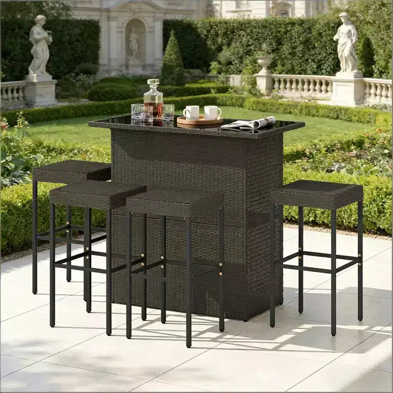 GDFStudio Jana Modern 5 Piece Metal and PE Rattan Outdoor Bar Set with Tempered Glass Tabletop