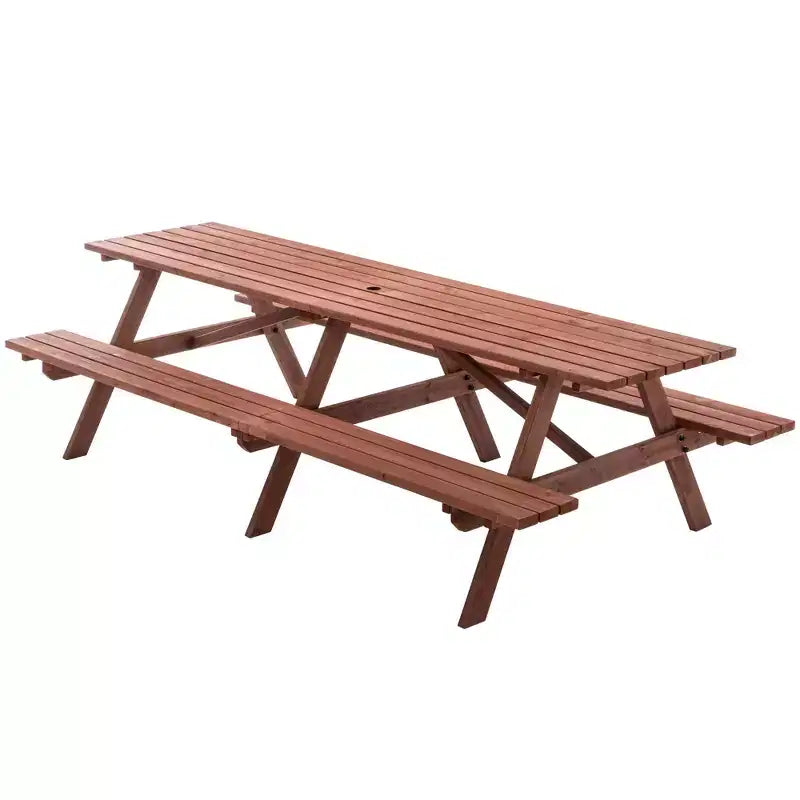 Ensemble table de pique-nique d'extérieur en bois GDFStudio Everfield de 241 cm avec bancs intégrés et trou pour parasol