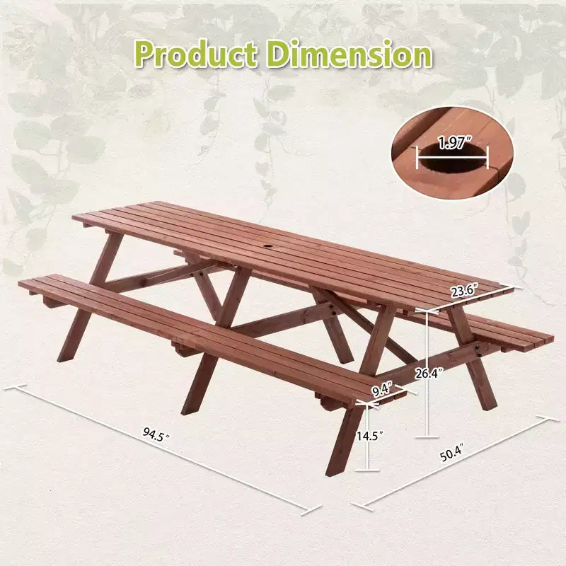 Ensemble table de pique-nique d'extérieur en bois GDFStudio Everfield de 241 cm avec bancs intégrés et trou pour parasol